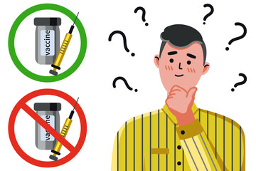 vector illustration, against vaccination, pensive man in yellow, question, choice for vaccination, coronavirus, covid-19, no vaccine, vaccine supporters, vaccination problem