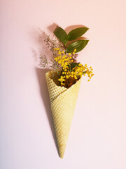 Bouquet of dried flowers in a waffle cup from ice cream, cone, on a pink background, minimalism