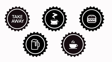 Take away icon set. Set of take away badges or seals, with coffe cups, burger and beer icons