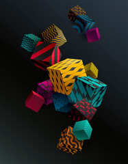 Colored 3D patterned cubes. Abstract vector illustration.