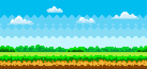 Pixel scene with green grass and forest in distance against blue sky with clouds, pixelated template