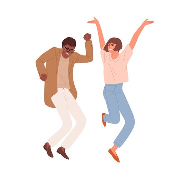 Happy people dancing and jumping, celebrating victory and success. Multiracial couple of colleagues having fun. Colored flat vector illustration of crazy office workers isolated on white background