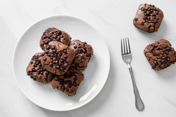 dark chocolate brownies topped by chocolate chips