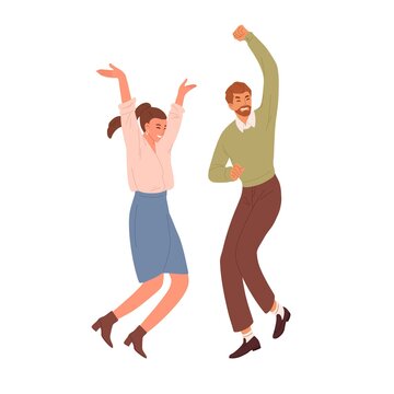 Happy people jumping and dancing from joy and happiness. Couple of positive energetic office workers celebrating success and victory. Colored flat vector illustration isolated on white background