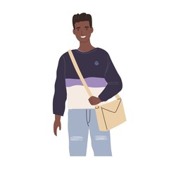Portrait of modern African student. Happy young black-skinned man wearing casual clothing and crossbody bag. Colored flat vector illustration of smiling guy isolated on white background