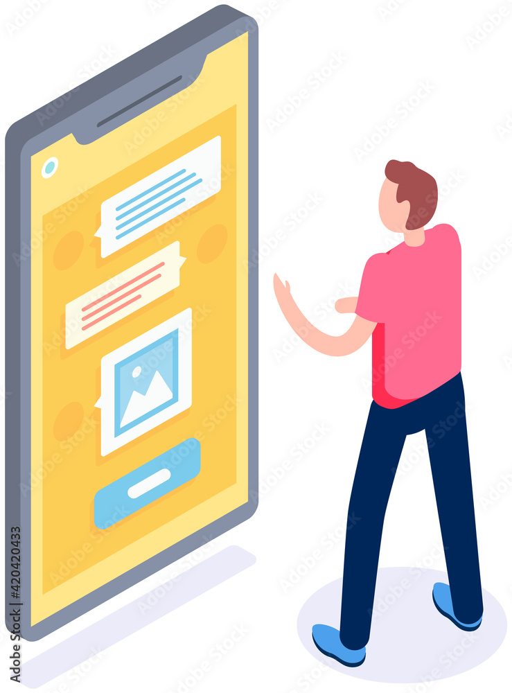 Poster man typing on smartphone. sms messages chat and speech bubbles. messenger for online communication