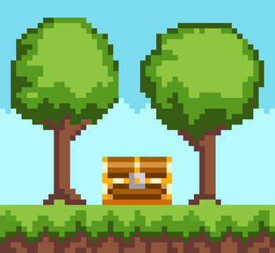 Pixel-game background with wooden chest in forest. Pixel art scene with green grass and tall trees