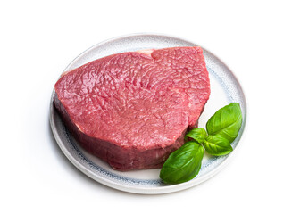 Fresh raw beef in ceramic plate isolated on white