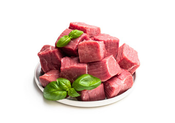 Fresh raw beef in ceramic plate isolated on white