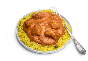 Chicken Tikka Masala with pilau rice isolated on white