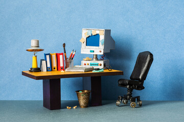 Retro style office workplace. Vintage toy computer, empty blue screen monitor. Pc mouse keyboard, archive files. Desk lamp, comfortable black leather manager chair. - Powered by Adobe