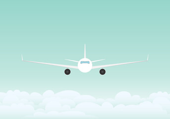 Obraz premium The plane flies in the sky above the clouds. Flying plane in the sky. Vector, cartoon illustration. Vector.