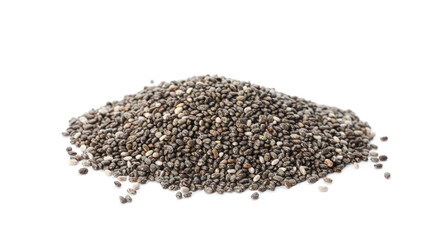 Pile of chia seeds on white background