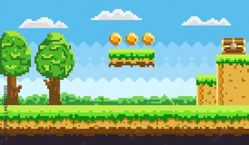 Poster pixel-game background with coins in the sky. pixel art game with green grass platform and tall trees