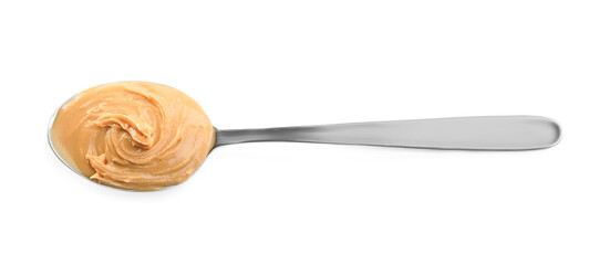 Delicious peanut butter in spoon isolated on white, top view