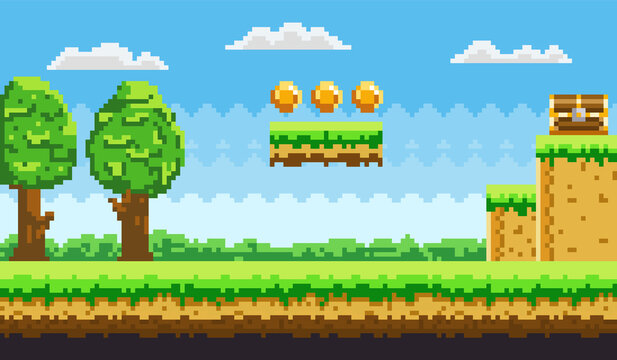 Pixel-game background with coins in the sky. Pixel art game with green grass platform and tall trees