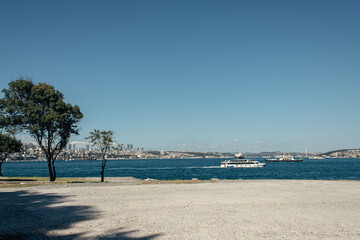 Trees on seafront and ships on water in Istanbul, Turkey