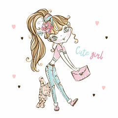 Cute teen girl in jeans and pet cat. Vector.