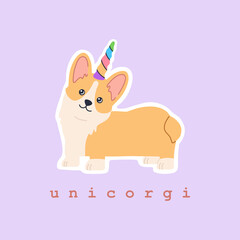 Sticker of kawaii welsh corgi unicorn with colourful rainbow horn, little fun magic pet dog with cute smiling face. Friendly standing puppy. Hand drawn trendy modern illustration in flat cartoon style