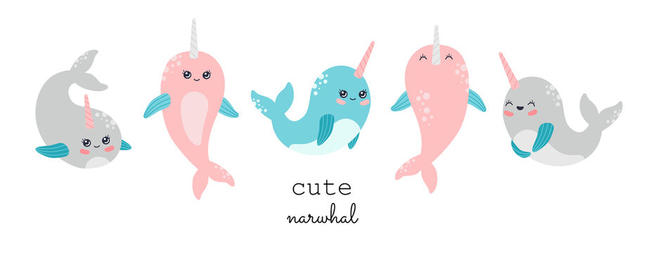 Kawaii Smiling Narwhal Collection, Cute Baby Whale Characters Set. Marine Life, Funny Ocean Animals With Horn Bundle In Pastel Color, Modern Trendy Vector Illustration Clip Art, Flat Cartoon Style