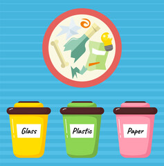 Garbage sorting. Different color recycle bins with glass, plastic and paper. Zero waste concept