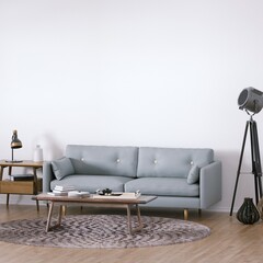 Room with Scandinavian Interior Design with Empty Walls, Sofa, Wooden Floors, Circular Carpet and Middle Table