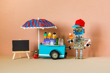 Mobile ice cream cart and robot seller. A funny smiling robotics shopman with ice cream. Empty black chalkboard for menu. Summer time peach color background