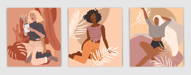 Feminine concept flyers. Happy cute girls resting with cat and home plants. Feminine Daily life by young woman concept. Fashion illustration by female beauty and mental