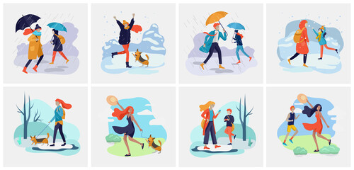 Fototapeta premium People character in various weather conditions. Man and woman in seasonal clothes and enjoys walking on street in rain, snowfall, summer heat. Colorful vector cartoon