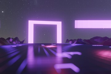 3d render, glowing lines, tunnel, neon lights, virtual reality, abstract background, square portal, arch, pink blue spectrum vibrant colors, laser show