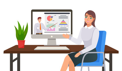 Businesswoman talking to partner via video call, online conference. A girl at a table with computer