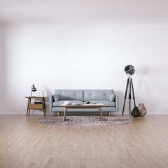 Room with Scandinavian Interior Design with Empty Walls, Sofa, Wooden Floors, Circular Carpet and Middle Table