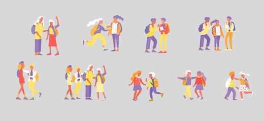 Back to school flat vector illustrations set. Preteen and teenage schoolkids. Parents with kids, schoolmates, friends cartoon characters isolated on white background. Schoolboys