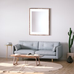 Room with Scandinavian Interior Design with Empty Frame on Walls, Sofa, Wooden Floors, Circular Carpet and Cactus Plant