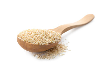 Wooden spoon with sesame seeds on white background