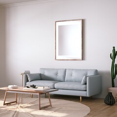 Fototapeta na wymiar Room with Scandinavian Interior Design with Empty Frame on Walls, Sofa, Wooden Floors, Circular Carpet and Cactus Plant