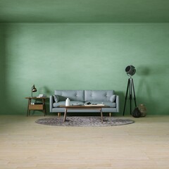 Room with Scandinavian Interior Design with Empty Walls, Sofa, Wooden Floors, Circular Carpet and Middle Table