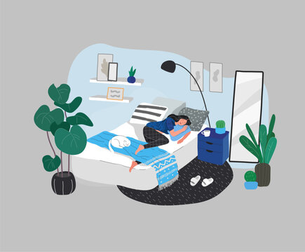Sweet girl sleeping in bed with relaxing white cat . Daily life and everyday routine scene by young woman in scandinavian, style cozy interior bedroom with homeplants. Cartoon vector - Powered by Adobe