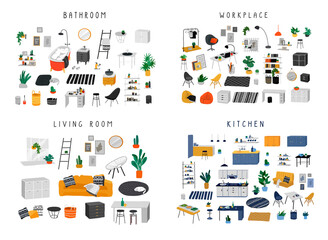 Set for badroom with stylish comfy furniture and modern home decorations in trendy Scandinavian or hygge style. Cozy Interior furnished home plants for sleeping