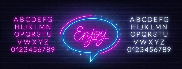 Enjoy neon glowing lettering on brick wall background.