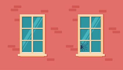 Window broken with cracked glass vector illustration.