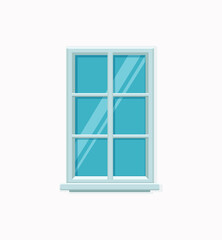 Vector window with glass and wooden frame on a brick wall.