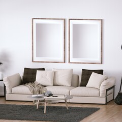 Room with Scandinavian Interior Design with Empty Frame on Walls, Sofa, Wooden Floors, Circular Carpet and Indoor Plant