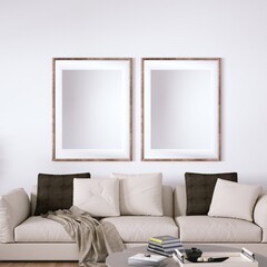 Room with Scandinavian Interior Design with Empty Frame on Walls, Sofa, Wooden Floors, Circular Carpet and Indoor Plant