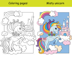 Cute unicorn on cloud and sky castle coloring vector and template © alinart