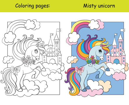 Cute unicorn on cloud and sky castle coloring vector and template