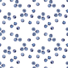 Watercolor seamless pattern with various berries, red currants, blackberries, blueberries and cherries
