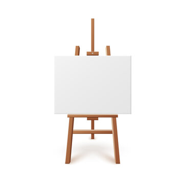Blank white artboard on wooden easel realistic vector illustration isolated.