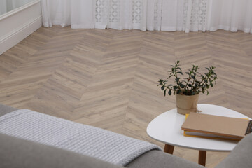 Fototapeta na wymiar Modern living room with parquet flooring and stylish furniture. Space for text