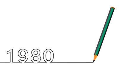 One line drawing style with a pen on the right and 1980 on the left, the year of the lord. Concept about writing, simply, yearly, celebrating, anniversary and etc.